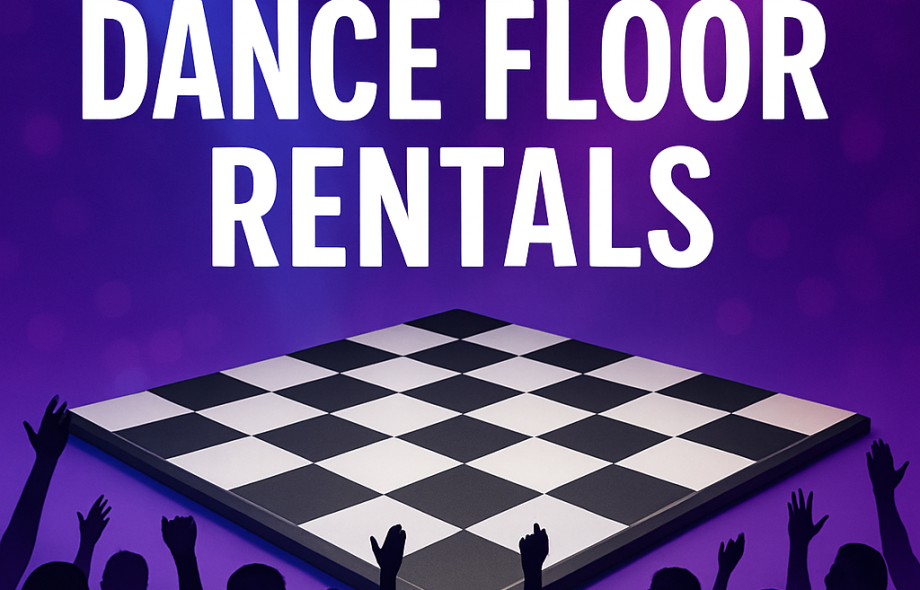 Image showcasing a checkered dance floor with silhouetted dancers, illuminated by colorful spotlight beams and the text 'DANCE FLOOR RENTALS' in bold white letters.