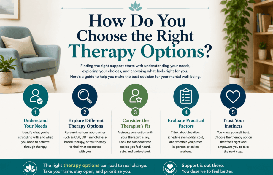 How Do You Choose the Right Therapy Options? Professional infographic showing different therapy options for mental health and wellness.